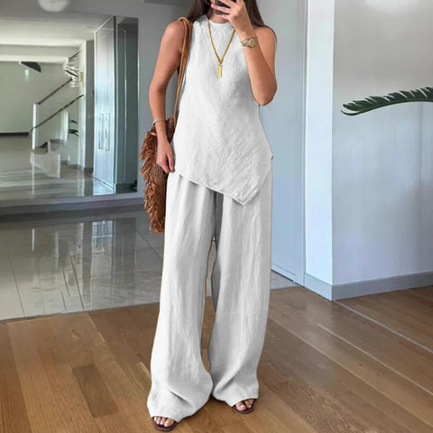 Casual round neck pullover sleeveless plus pocket trousers cotton multi-color m301437