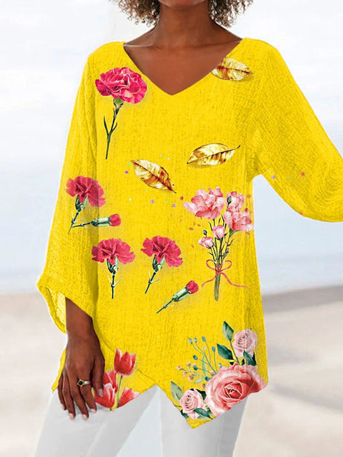 Women's printed animal natural scenery V-neck nine-quarter sleeve loose T-shirt m301289