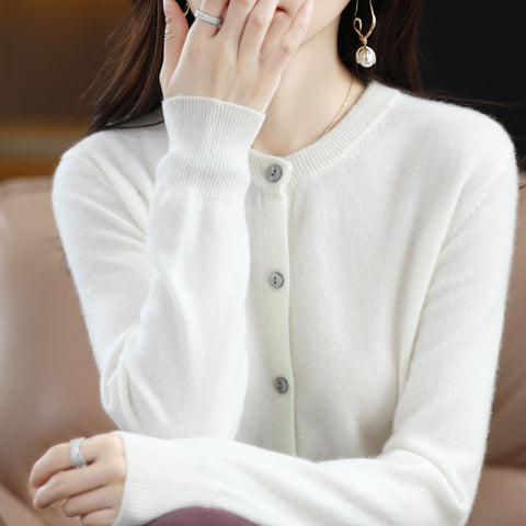 Knitted cardigan early spring crew neck sweater women's long-sleeved solid color versatile jacket women's m301748