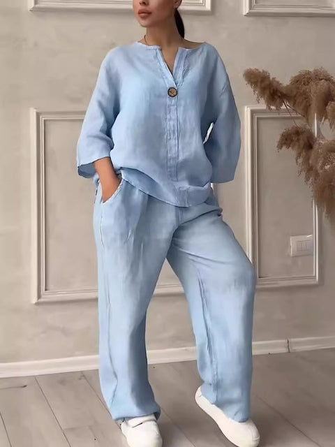 Women's comfortable loose top wide-leg pants casual cotton and linen suit m302154