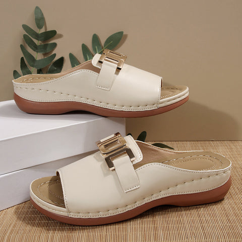 Large size solid color round head metal chain casual outer wear one-word sandals female m302833