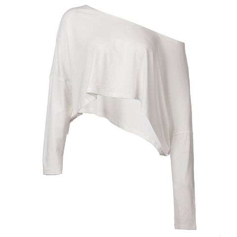 lazy style casual solid color short T-shirt slanted shoulder sexy loose shoulder long sleeve Spice girl short top m302942