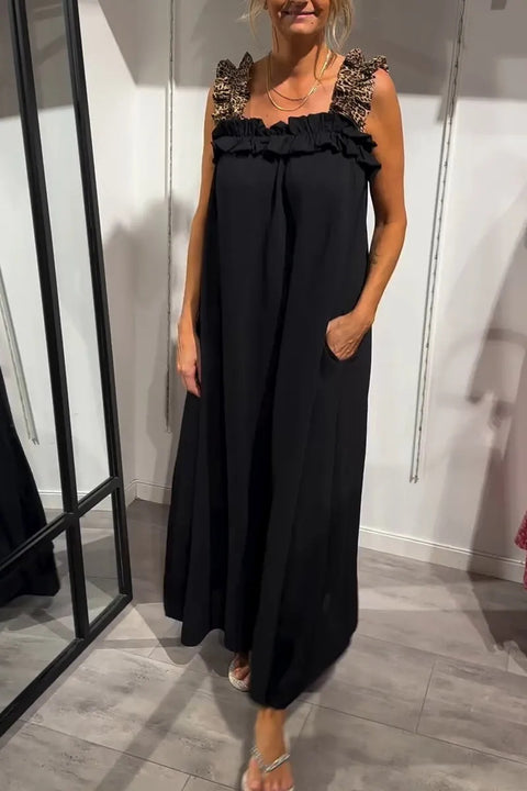 Popular vacation women's casual suspender splicing leopard print pocket cotton and linen dress m302050