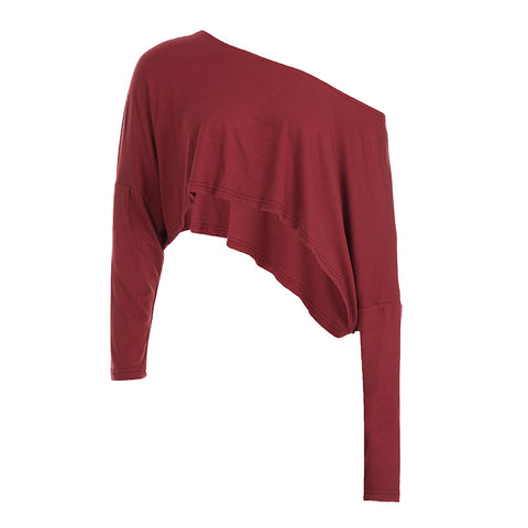 lazy style casual solid color short T-shirt slanted shoulder sexy loose shoulder long sleeve Spice girl short top m302942