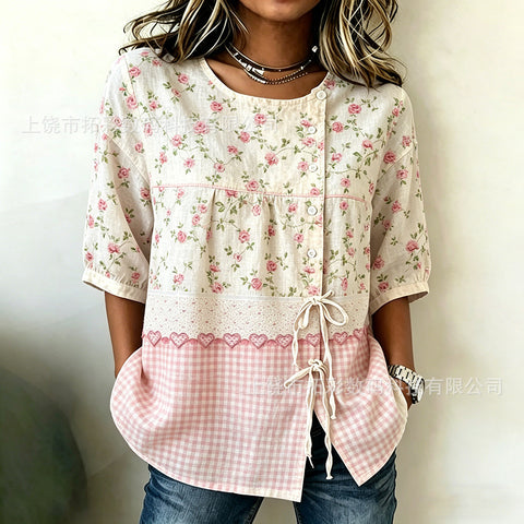 Temperament women's long-sleeved shirt printed top lace-up shirt m302925