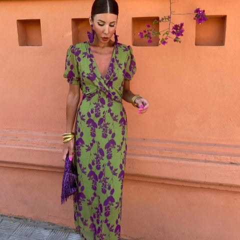 Women's fashion pleated print long dress elegant slim V-neck short-sleeved dress m301336