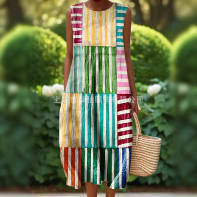 New sleeveless casual printing temperament long dress dress slim fit small fresh m302083