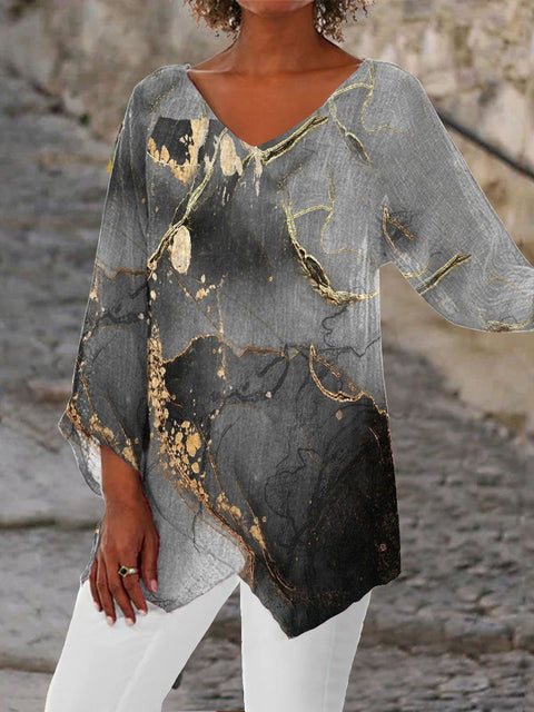 Women's printed animal natural scenery V-neck nine-quarter sleeve loose T-shirt m301289