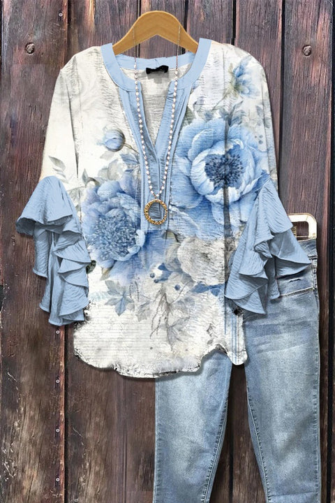 Digital printing casual trend V-neck lotus edge T-shirt women's m302725-2