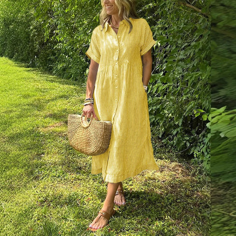 Loose large size striped short-sleeved shirt dress women's summer new casual cotton and linen medium and long skirt m302066