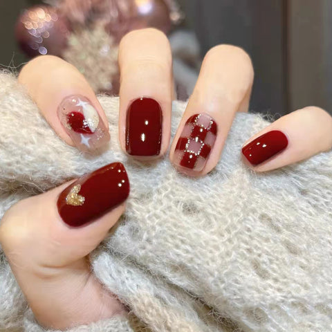 Wear a removable fake nails piece of red sweetheart white checkerboard love manicure m55010557