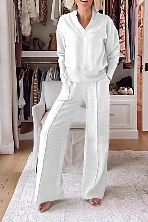 V-neck long-sleeved loose top wide-leg pants two-piece set m301327