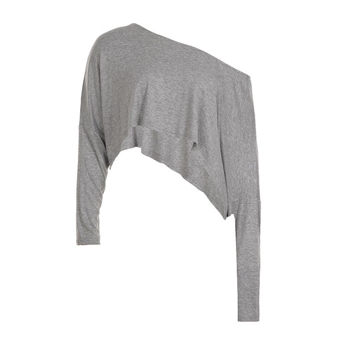 lazy style casual solid color short T-shirt slanted shoulder sexy loose shoulder long sleeve Spice girl short top m302942