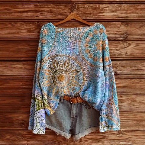 Vacation print casual cape top crew neck knitted sweater m302130