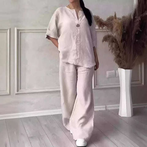 Women's comfortable loose top wide-leg pants casual cotton and linen suit m302154