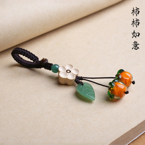 Persimmon Ruyi glazed persimmon retro and beautiful glazed persimmon leaf keychain pendant mobile phone chain m3331260