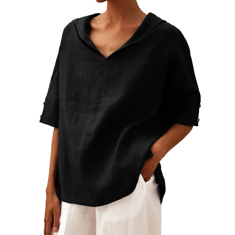 Women's solid color cotton and linen loose hooded top T-shirt m301294