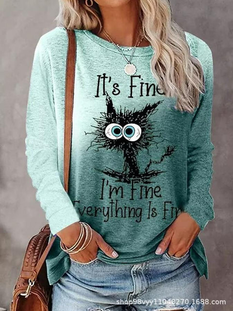 Pet cat gradual change color 3D printing long sleeve T-shirt round neck T-shirt m302928