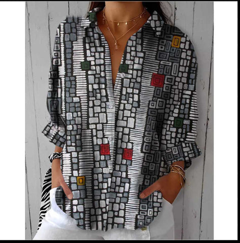 3D digital printing abstract pattern women's long-sleeved buckle linen shirt m302749 -2