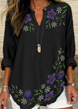 Small V-neck long-sleeved floral simple casual temperament T-shirt m302763