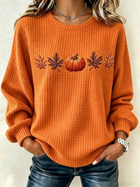 Waffle long-sleeved crew neck sweater literary retro FF303287