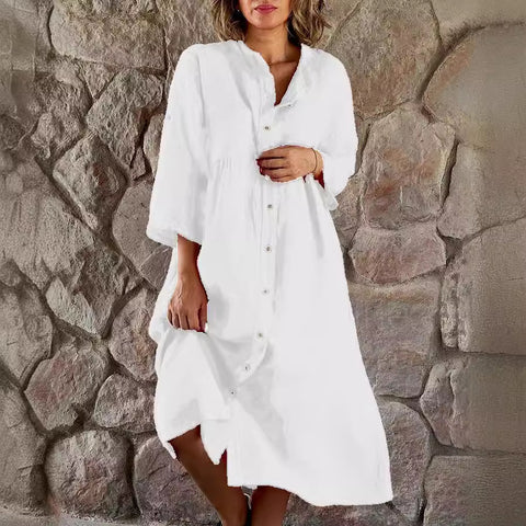 Cotton and linen solid color casual stand-up collar button long dress m301322