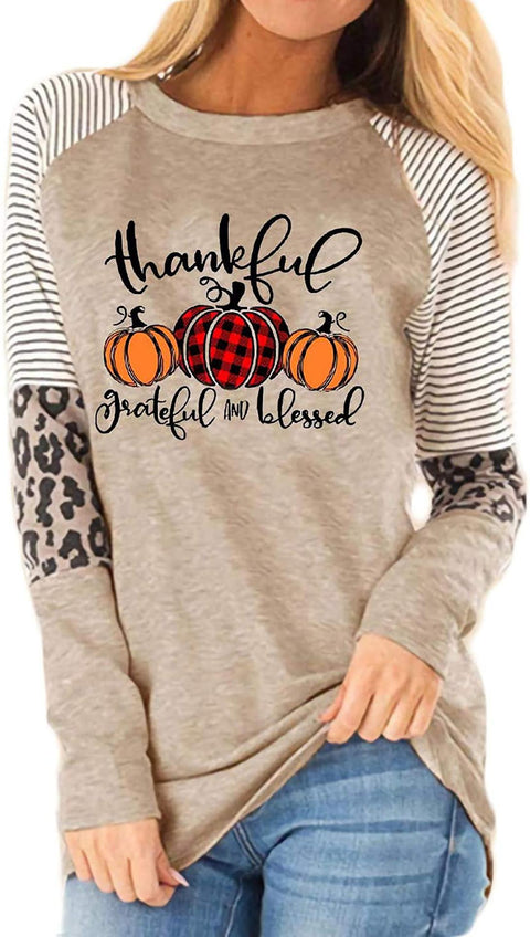 Light Khaki Casual Graphic Tops Round Neck Long Sleeve Pumpkin Printed Halloween Sweatshirts M800007