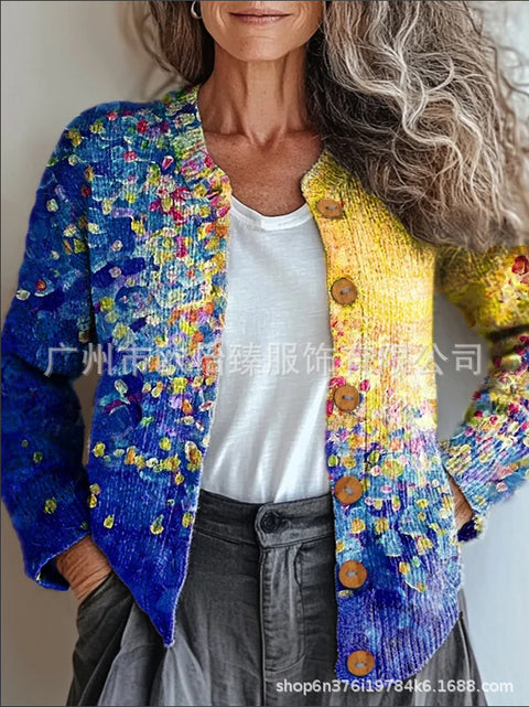 Autumn new colorful warm sunshine flower sea printed button cardigan m301725