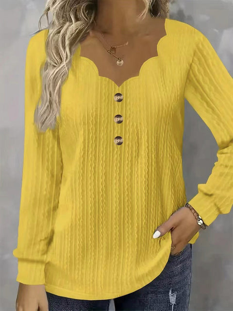 Women's solid color scallop V-neck chest button-down long-sleeved top T-shirt m301771