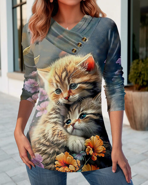Spring and Autumn New Women's 3D Printed V-Neck Casual Long Sleeve Button T-Shirt Top m301747