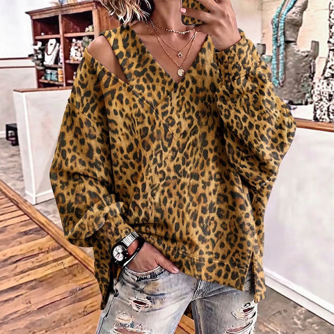 Open shoulder sweater autumn and winter new age-reducing foreign style V-neck leopard print long-sleeved top FF303328