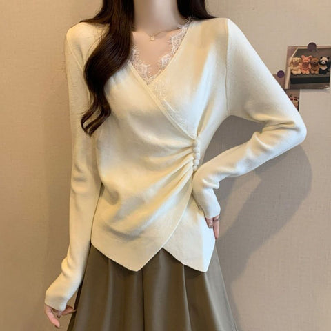 Large size German velvet design lace splicing V-neck long-sleeved T-shirt m302253