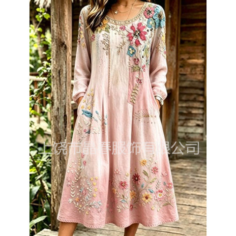 Mid-waist women's casual crew neck print women's dress FF303278