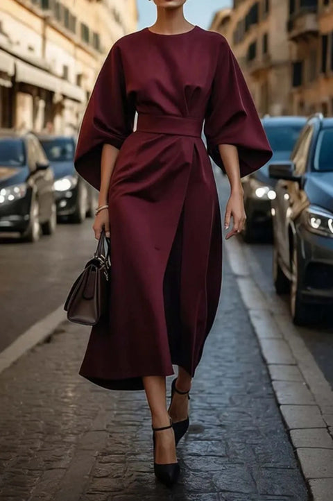 Fashion temperament elegant solid color waist dress casual bat sleeve long dress m301326