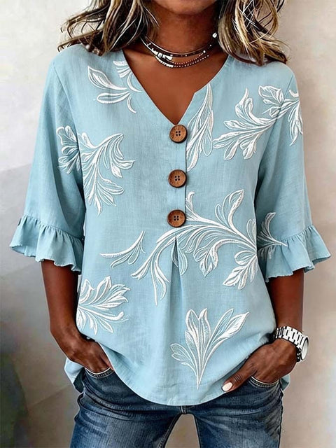 Small V-neck shirt flared sleeve printed button-down shirt m302753