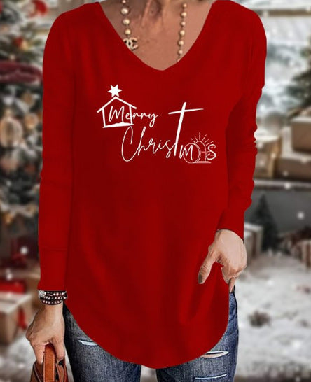 Loose 3D V-neck long-sleeved T-shirt women's Christmas printed bottoming shirt m302098