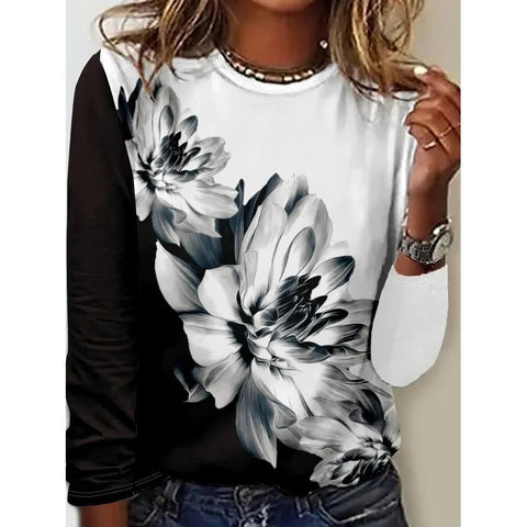Long Sleeve T-Shirt Women's Solid Color Flower m300934