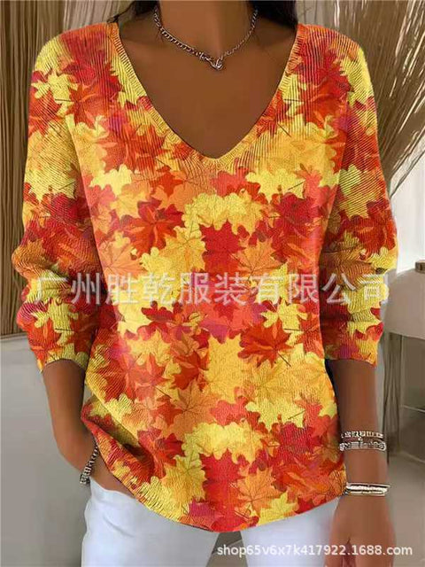 V-neck 3D printed geometric pattern five-quarter sleeve T-shirt top m302777