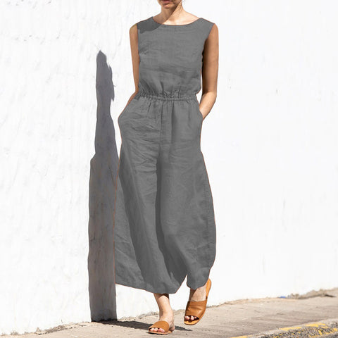 Summer solid color high waist sleeveless trousers women's fashion casual loose temperament jumpsuit m301893