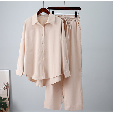 New loose elastic wrinkle long-sleeved shirt wide-leg pants casual suit women's 2-piece set m301960