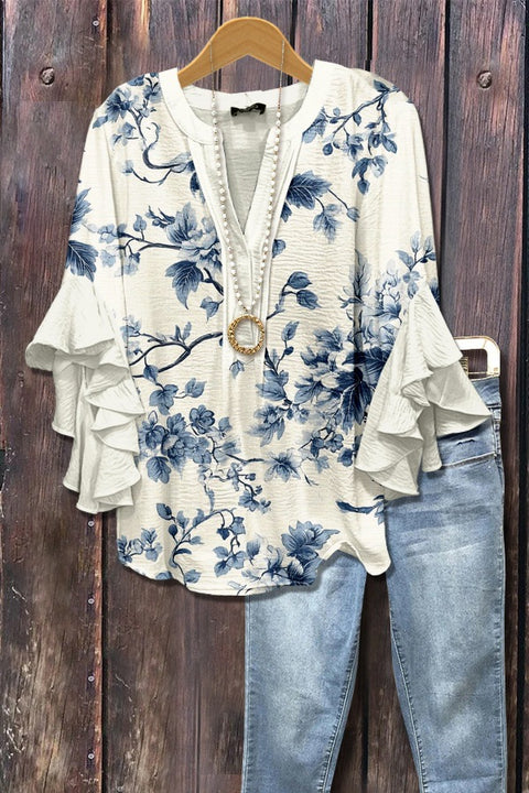 Creative floral element printing digital printing casual trend V-neck lotus edge T-shirt women's m301769