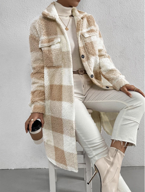 Open-button lapel plush plaid jacket loose temperament commuter long coat women m300360