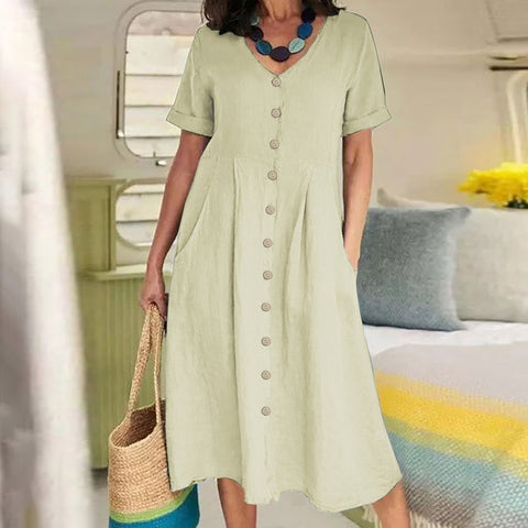 New solid color loose high waist cotton and linen dress m301192