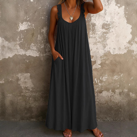 Casual suspender U-neck regular pleated multi-color women's dress m301443