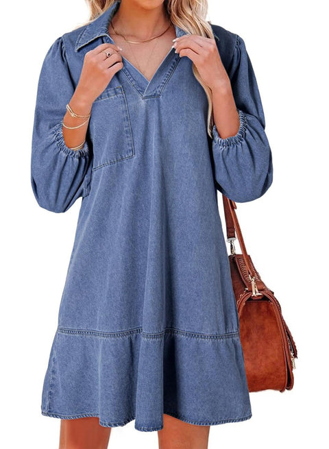 Women's casual doll V-neck seven-point bubble sleeve denim m302207