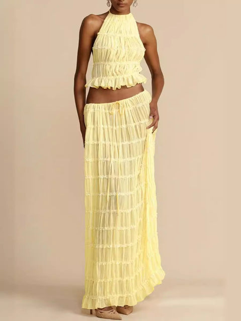 backless neck sling drawstring chiffon pleated long skirt two-piece set m301879
