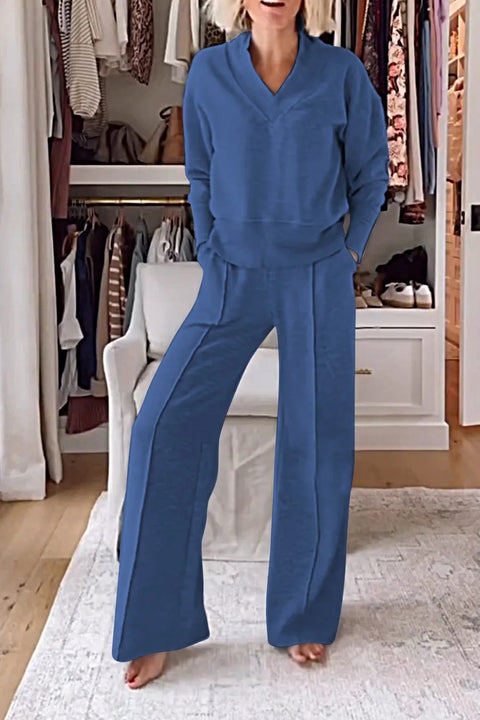 V-neck long-sleeved loose top wide-leg pants two-piece set m301327