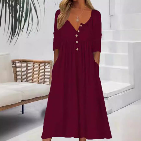 Casual button solid color simple long sleeve long dress m302272