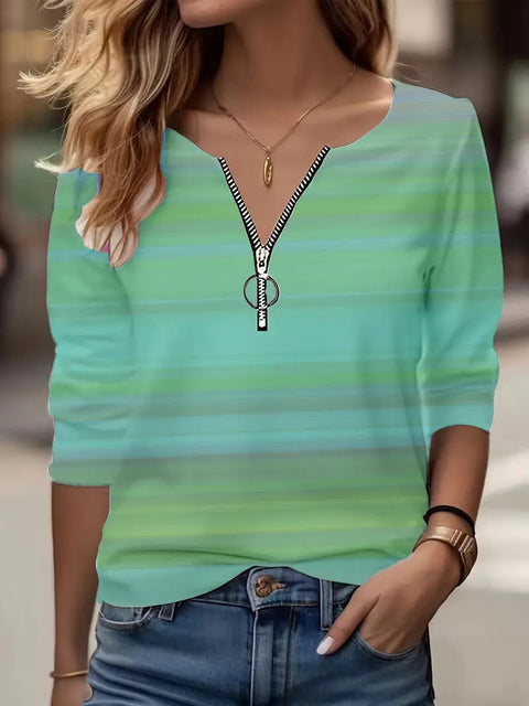 Women's Autumn Loose Design Ethnic Crew Neck Printed Zipper Long Sleeve POLO Shirt m301774