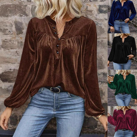 Solid color pullover V-neck casual temperament commuter button long sleeve top women m302275